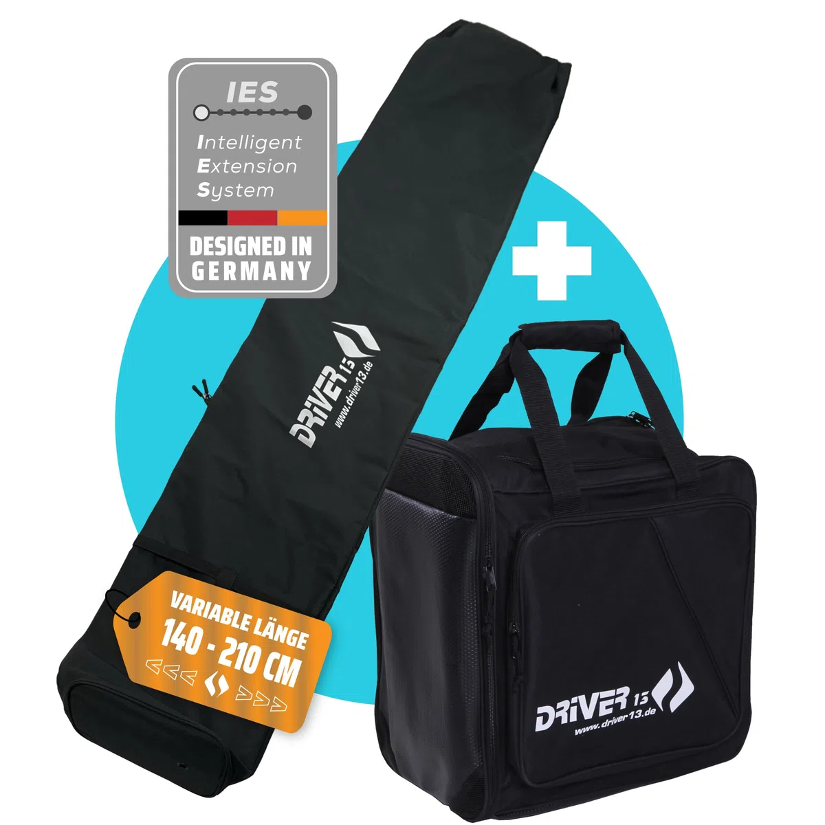 Driver13 Set Ski 2 pièces, Housse à Skis 140–210 cm et Sac à Dos Chaussures de Ski avec Compartiment Casque, système de Portage, Noir