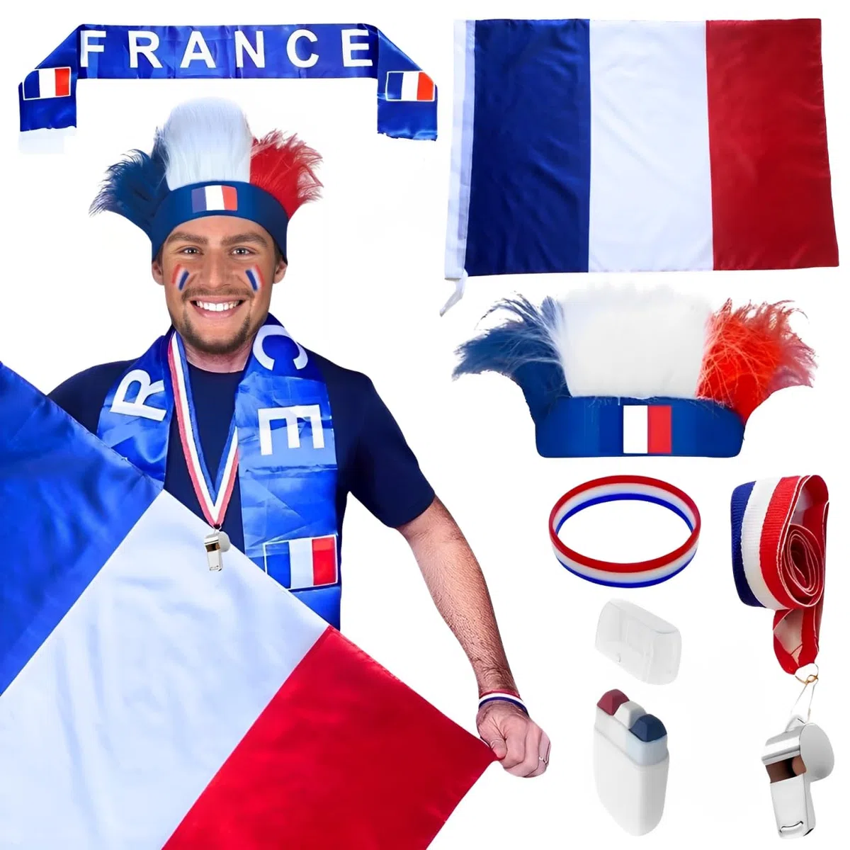 Générique Kit Supporter Equipe de France 6 Accessoires - 1 Drapeau Francais + 1 Bandeau Perruque + 1 écharpe + 1 Maquillage Bleu Blanc Rouge + 1 Bracelet + 1 sifflet avec Cordon Tricolore
