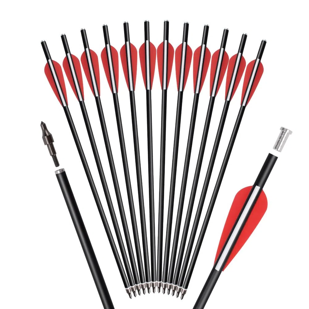 12 Pcs Flèches d'arbalète en Fibre de Verre 12" 14" 16" Flèche de Cible de tir à l'arc de Chasse avec 100 Grain Pointes de flèches Flat Nock