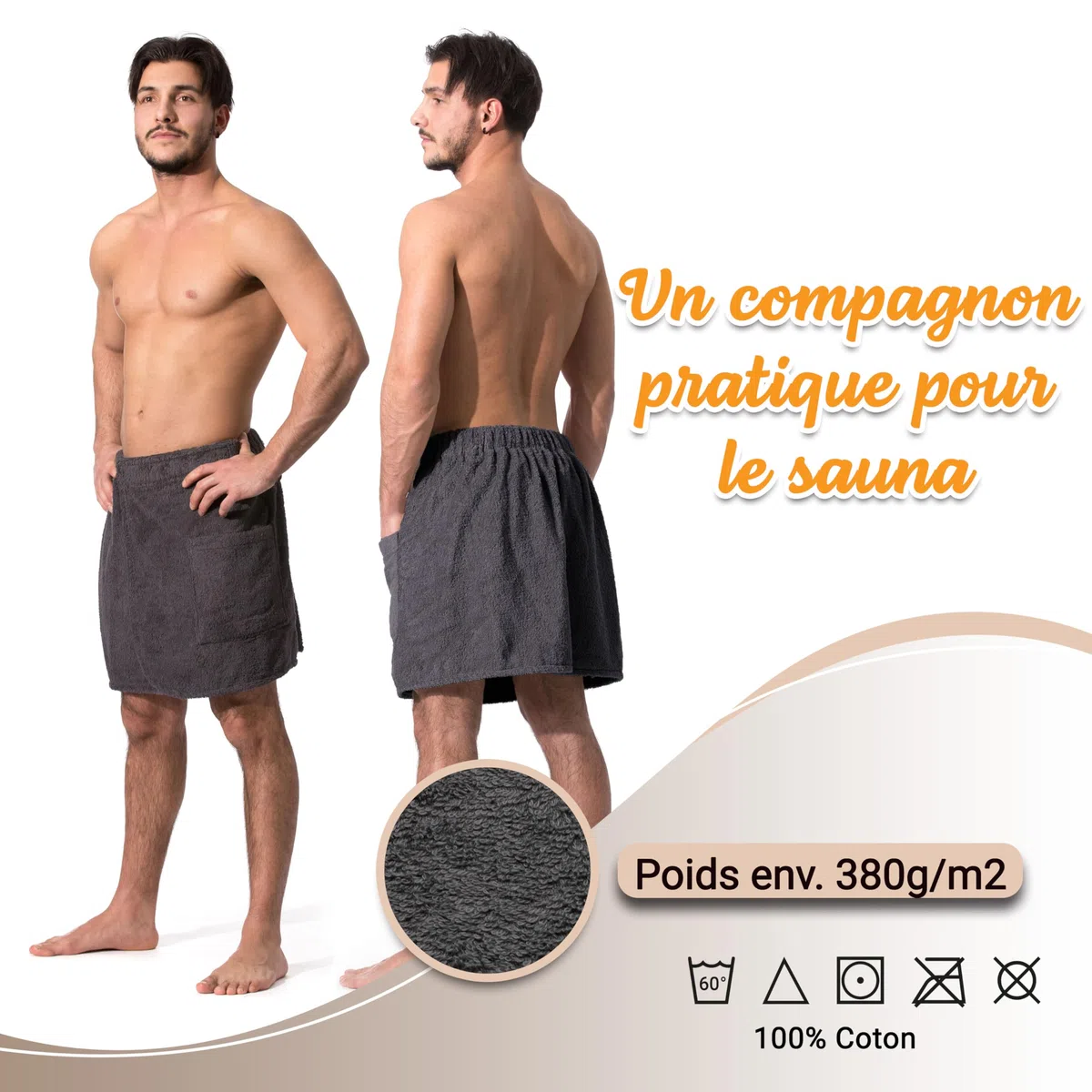 ZOLLNER Kilt de sauna pour hommes doux pour la peau et absorbant - coton - avec élastique etfermeture a scratch - certifié Oeko Tex®, 198