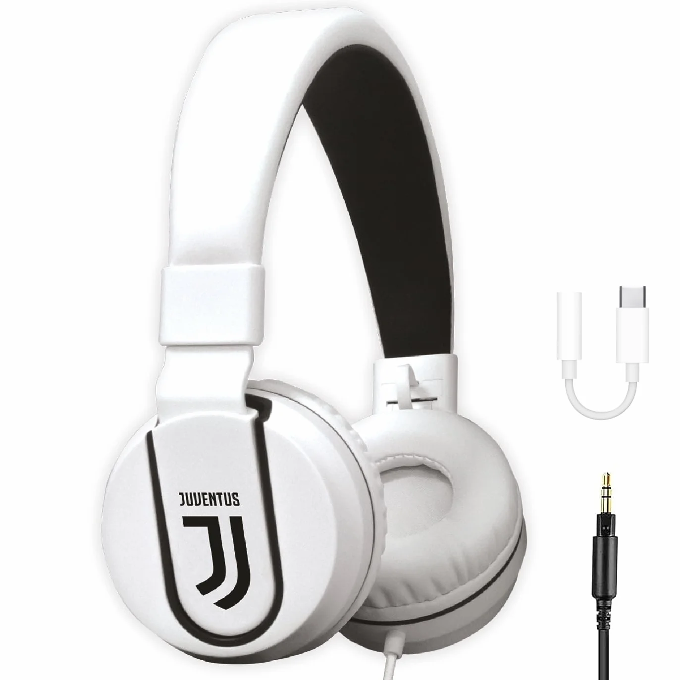 TECHMADE Juventus Football Casque Micro Inclus |on-Ear | avec Fil câble auxiliaire | Blanc/Noir | avec Adaptateur USB-c