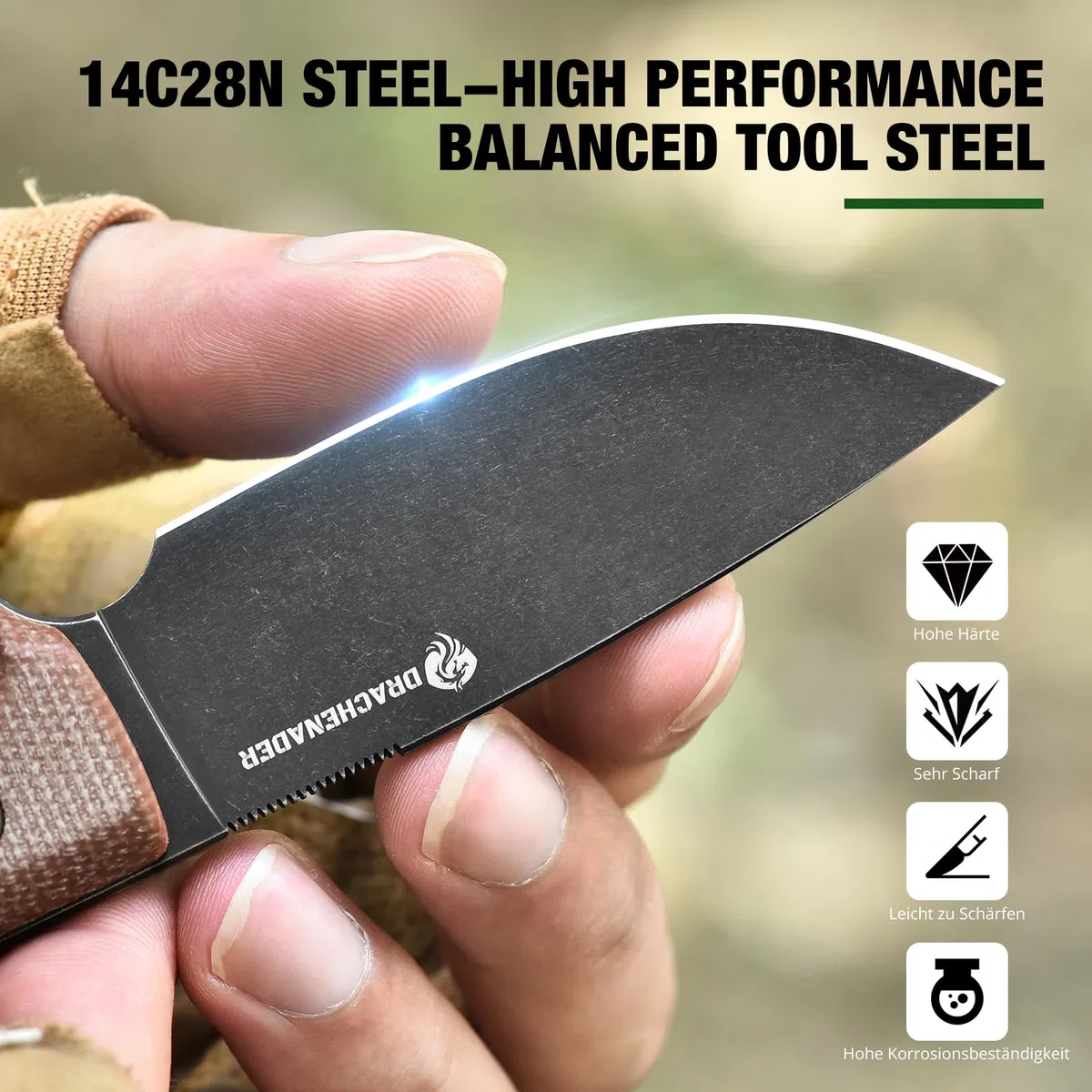 DRACHENADER couteau de ceinture 14C28N acier inoxydable EDC couteau lame fixe, manche micarta, étui Kydex inclus