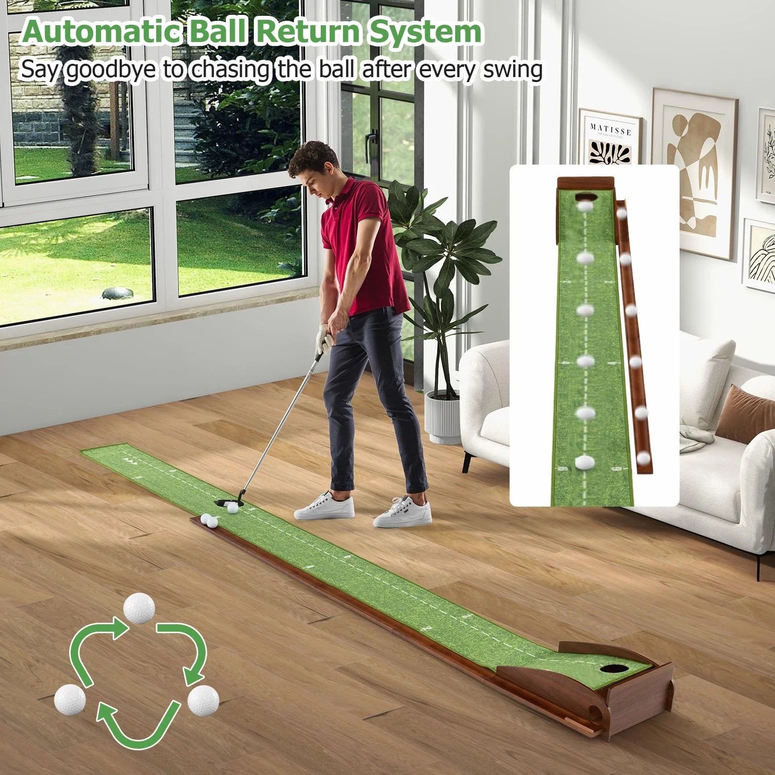 LIFEZEAL Tapis de Putting de Golf avec 1/2/3 Trous et Retour Automatique, Tapis d'Entraînement de Golf avec Boche, Enroulable et Portable, 3 Balons de Golf, Intérieur et Extérieur