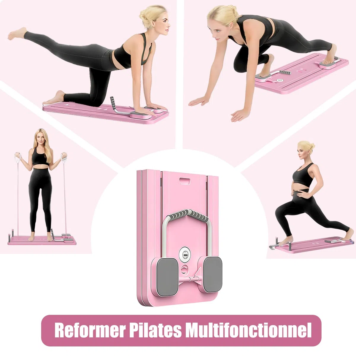 Pilates Board, 5 en 1 Pilates Reformer avec Roue Abdominale à Rebondissement Automatique et Minuterie, AB Roller Machine Pliable Multifonctionnel pour la Maison et la Salle de Sport