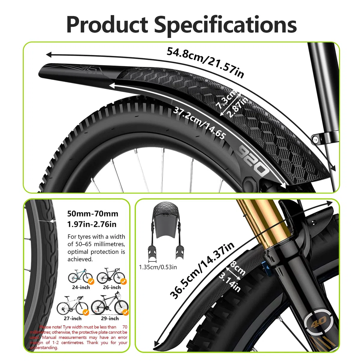 auvstar Garde Boue VTT,Garde Boue Velo Route Avant et Arrière,Ensemble de Garde Boue de vélo,Protection Contre Les Eclaboussures et la Saleté,Convient pour Les Roues de 26/27.5/29 Pouces