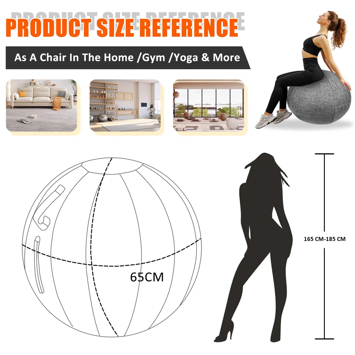 Siege Ballon Gym Ballon Housse de Ballon de Gymnastique 65 cm de Diamètre avec Housse en Tissu/Balle d'Assise/Pompe à Housse en Lin Doux Lavable Capacitã 110kg