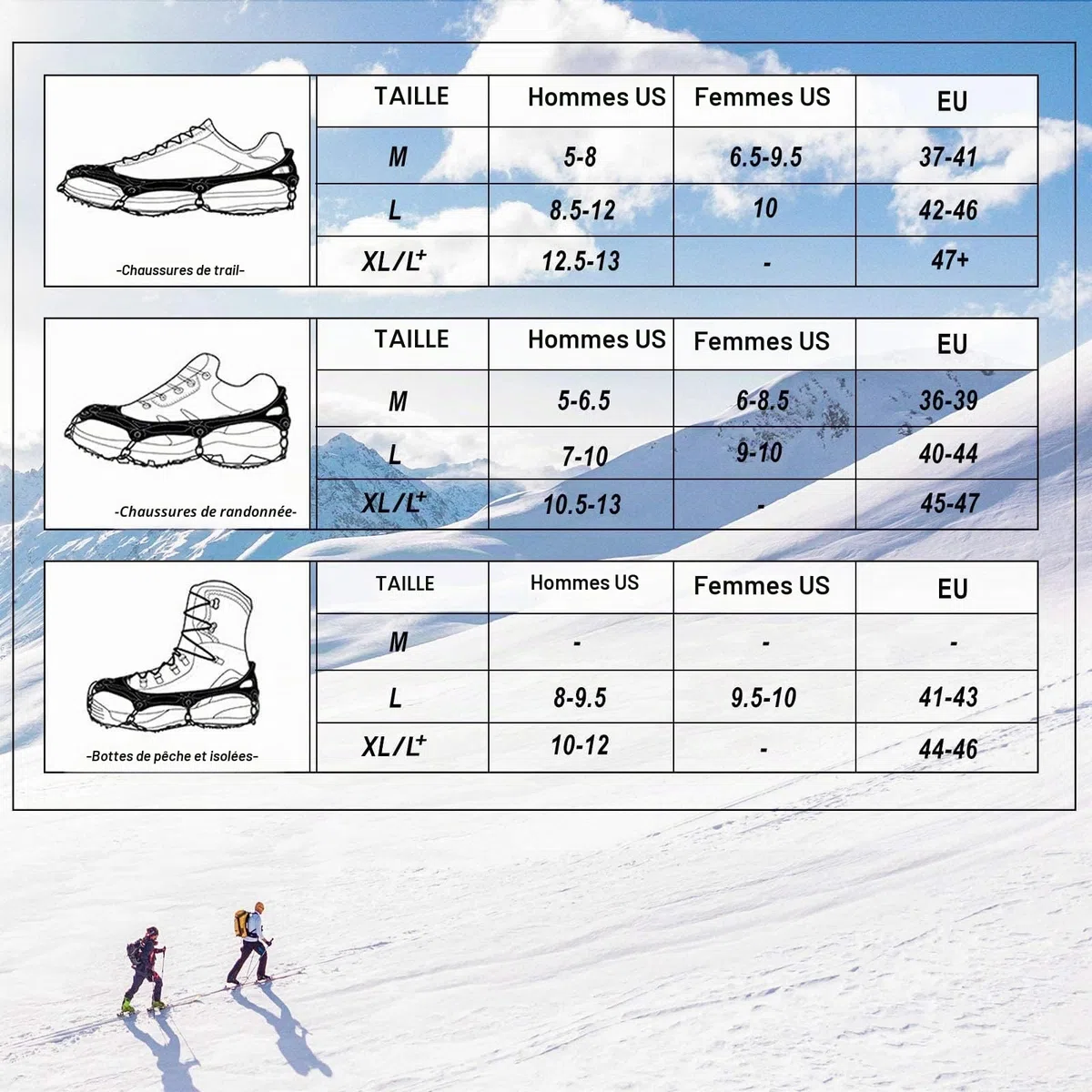 Crampons Neige Antidérapants pour Glace, Grips de Traction avec 19 Pointes en Acier Inoxydable pour Chaussures et Bottes, Hommes et Femmes, Sécurisés pour Randonnée, Pêche, Marche et Alpinisme
