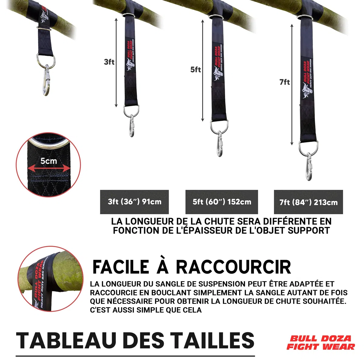 Bull Doza Fight Wear Sangle de Suspension pour Sac de Frappe - Silencieuse, résistante, antidérapante - Disponible en 3 Longueurs