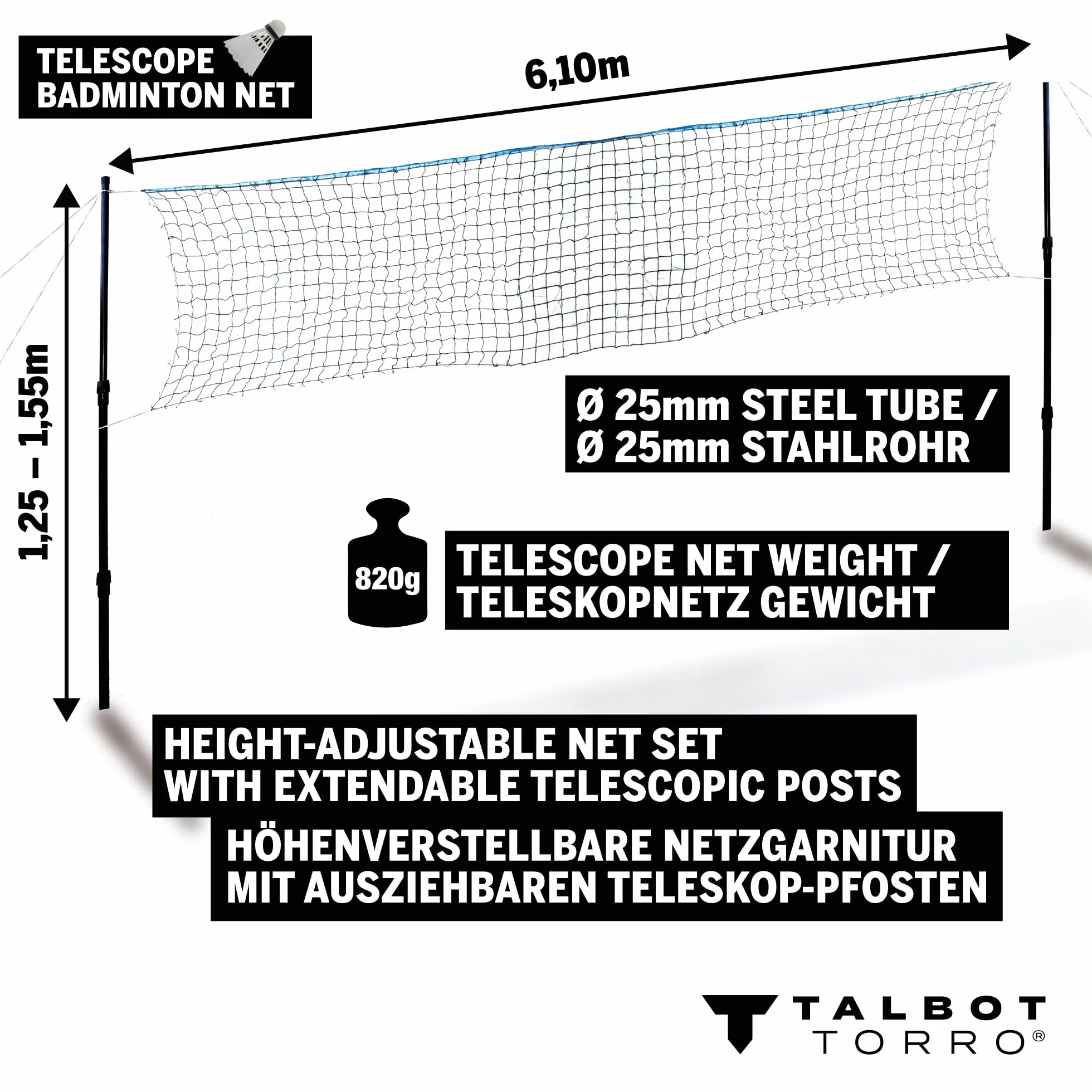 Talbot Torro Filet de Badminton Télescopique, Réglable en Hauteur: 1,25-1,55 m, Largeur 6,10 m, dans Un Sac, 449599, Noir