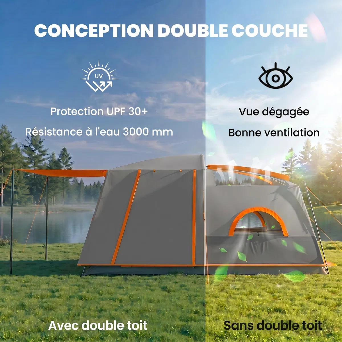 Outsunny Tente de Camping familiale 4 Personnes, Tente Tunnel, Portes + fenêtres, ventilée, Sac de Transport Inclus, Facile à Monter, 4,3 x 3 x 1,95 m