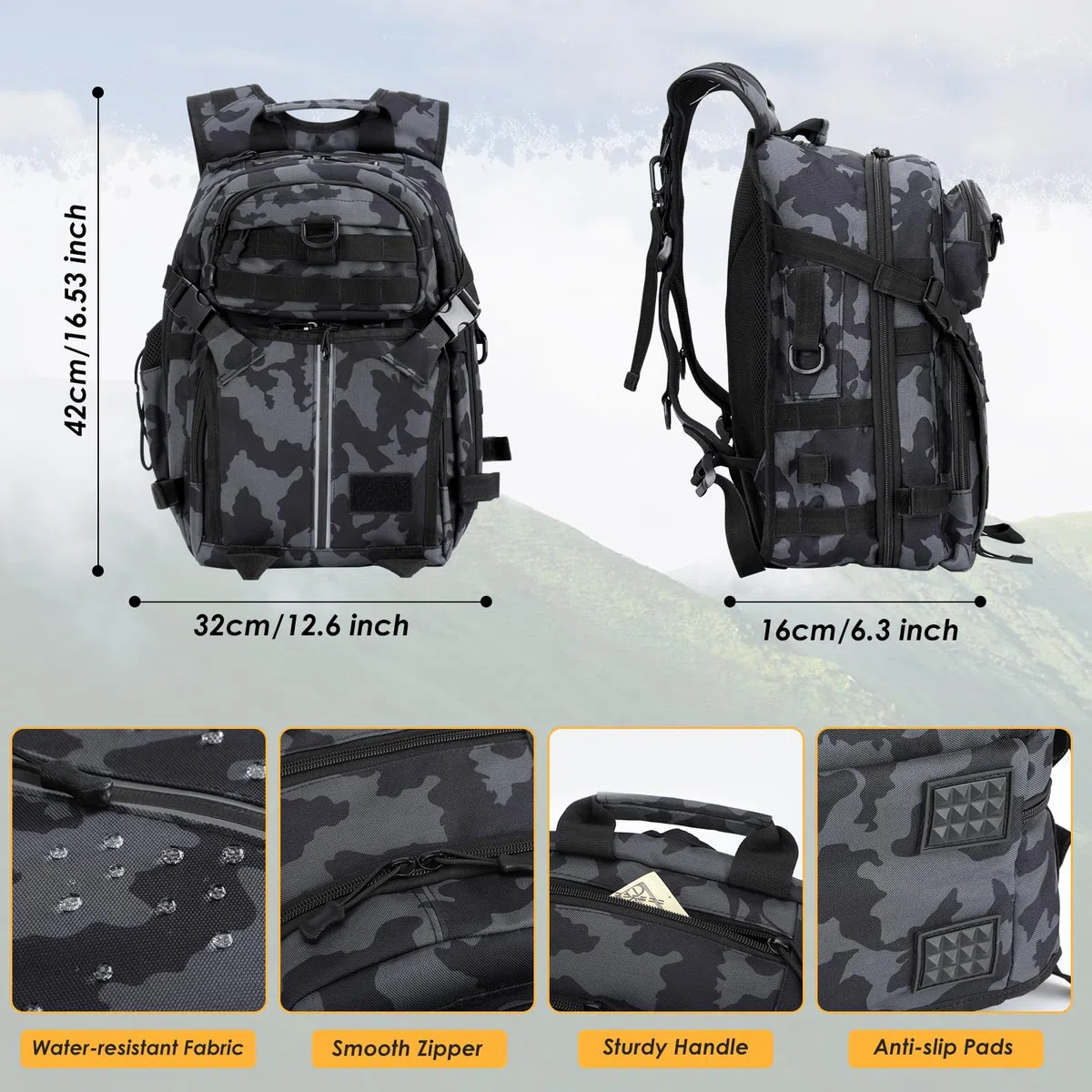 40L Sac à Dos de Pêche avec Porte Canne, Grande Capacité Sac à Dos de matériel Pêche Multiple Poches Sac à Dos Tactique Résistant à l'eau Sac de Rangement pour Randonnée Chasse Camping Voyages