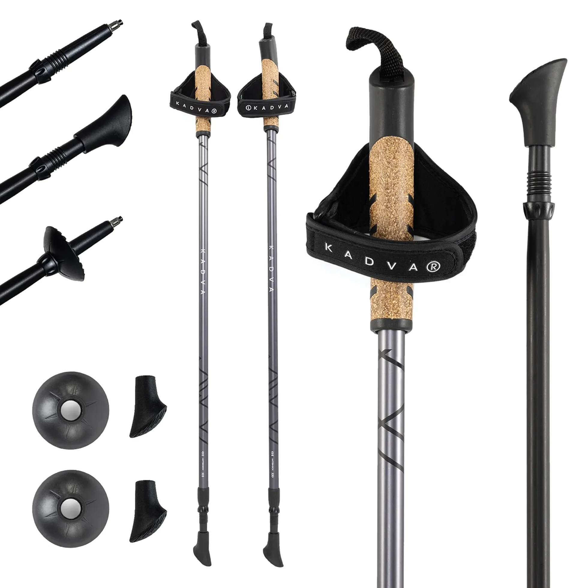 KADVA Bâtons de Marche Nordique Nordic Walking ARUKU Couleur Noir avec Taille Réglable 83-135 cm Système de Blocage Rotatif Twist Lock pour la stabilité et la sécurité
