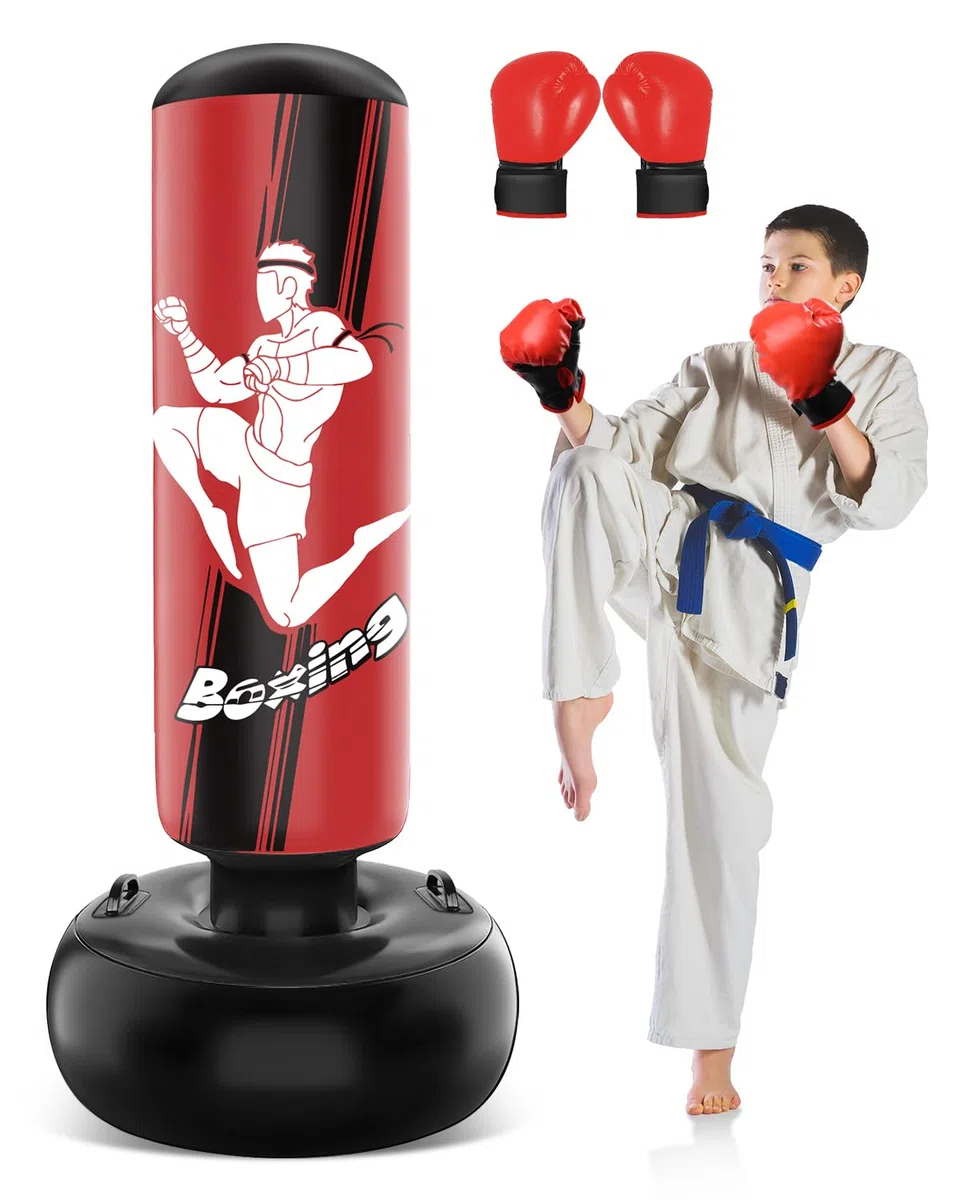 NZQXJXZ Sac de Frappe 165cm Gonflable pour Enfants avec Gants de Sac de Boxe Enfants pour la Pratique du MMA, du Karaté, du Taekwondo et pour soulager l'énergie de la Pentecôte