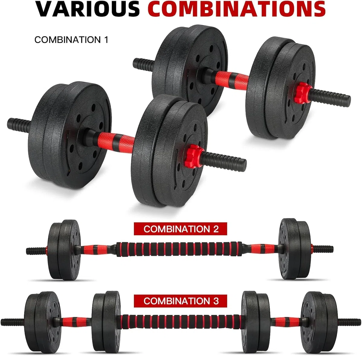 TEENO Kit Haltères Musculation,15 kg, 20 kg, 30 kg, Comprend des kettlebells, des haltères, des barres et des supports pour pompes, adaptés à la remise en forme à domicile