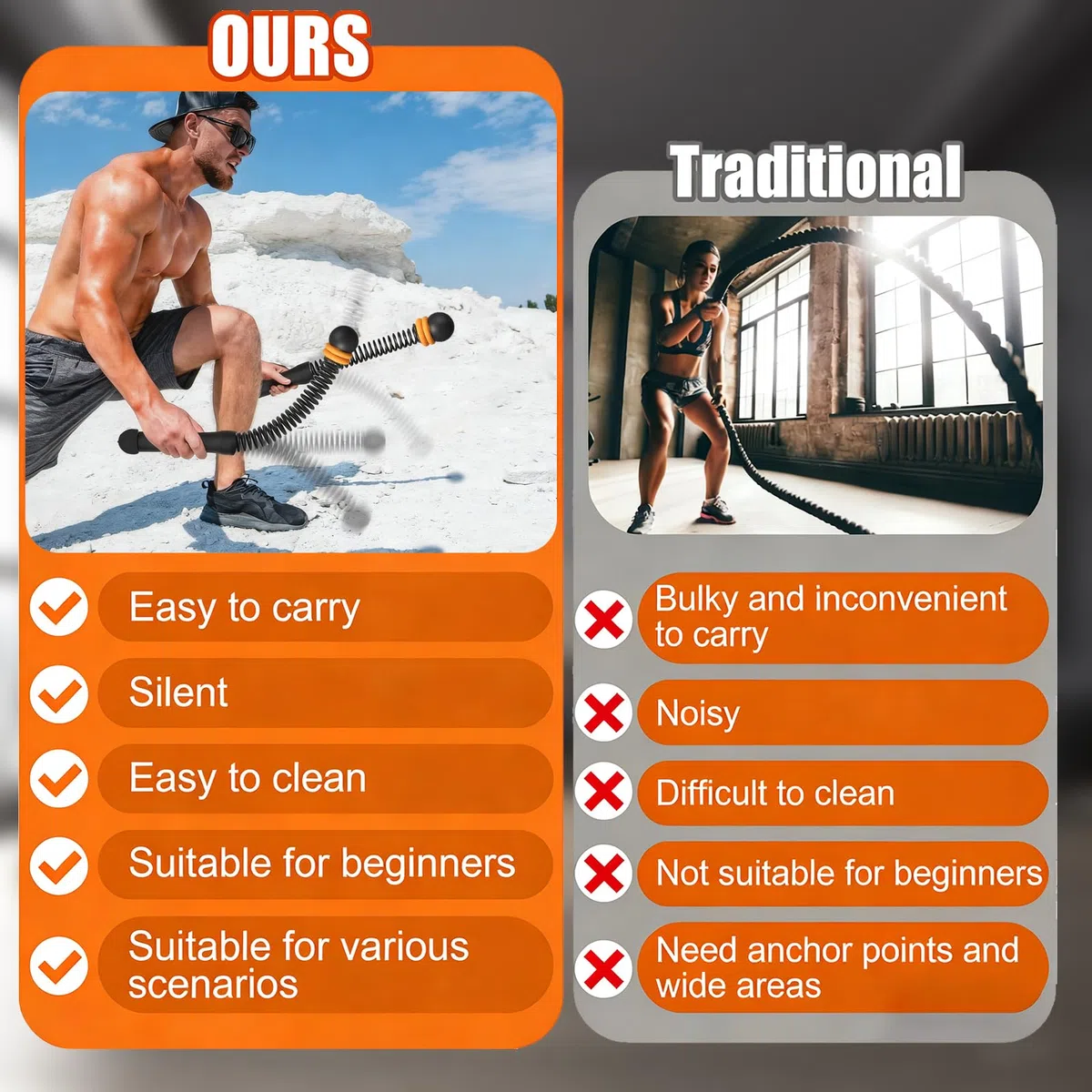 2 Pièces Corde Musculation, Corde, Battle Rope, sans Cordon, Résistance Ajustable Équipement Fitness, pour Entraînement à Domicile, Salle de Sport, Cardio, HIIT