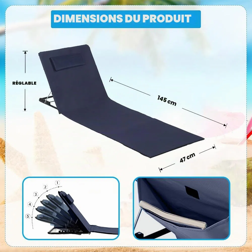 Matelas de Plage Pliable avec Dossier Réglable, Natte de Plage avec Dossier avec Sac de Transport, Tapis de Plage avec Dossier Inclinable, Tapis Plage avec Dossier, pour Plage, Jardin, Camping