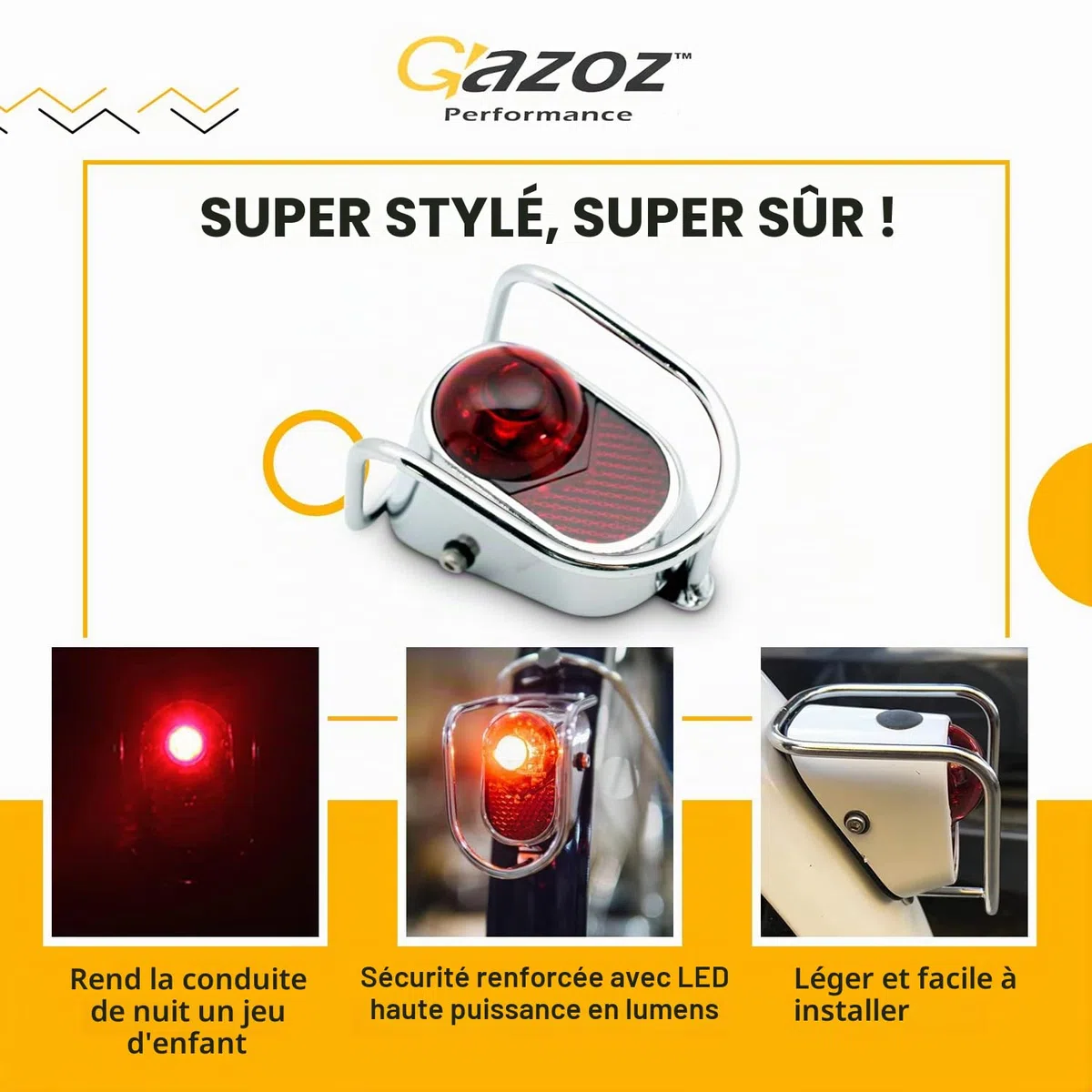 Feu arrière LED pour vélo, Lampe Vintage avec Aspect chromé - Accessoires de vélo de Tourisme Classique (LM-002)
