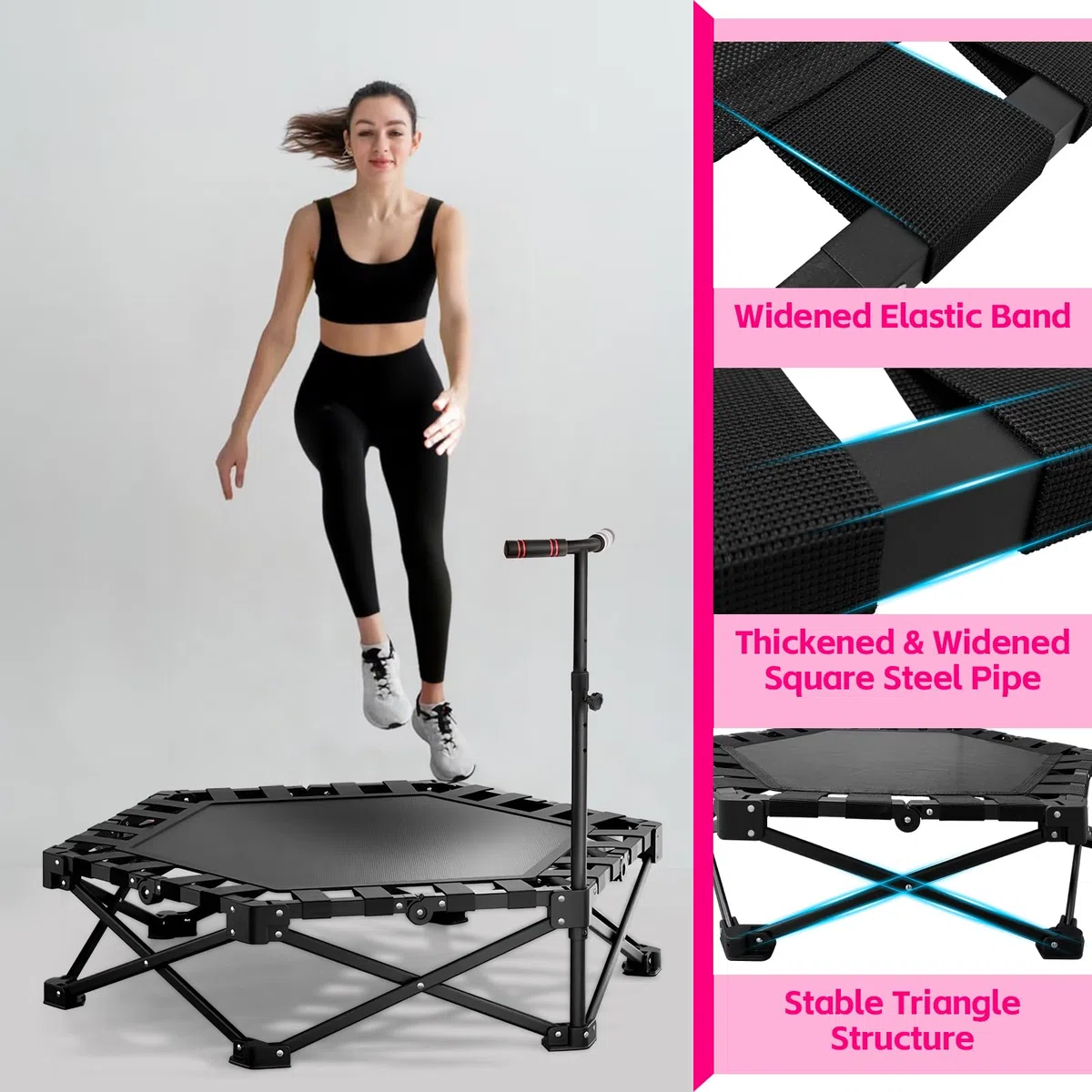 Trampoline d'intérieur pliable avec poignée réglable pour saut de fitness, facile à organiser et à ranger, aucune installation nécessaire, capacité de charge 200 kg