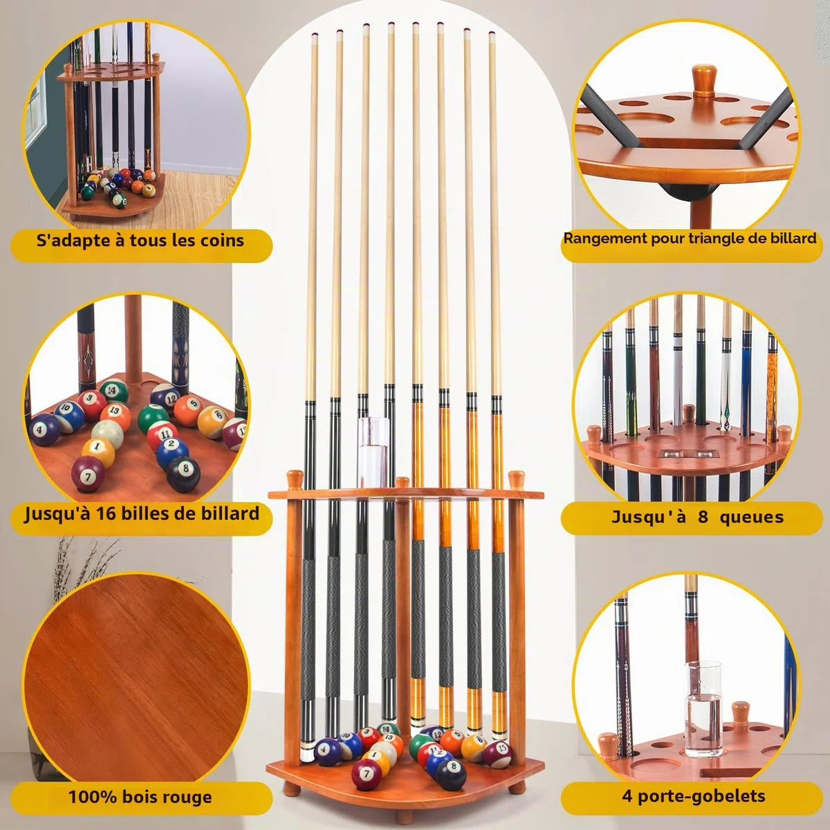 AKLOT Support Mural de Queue de Billard pour 16 Boules et 8 Bâtons - Lot Complet