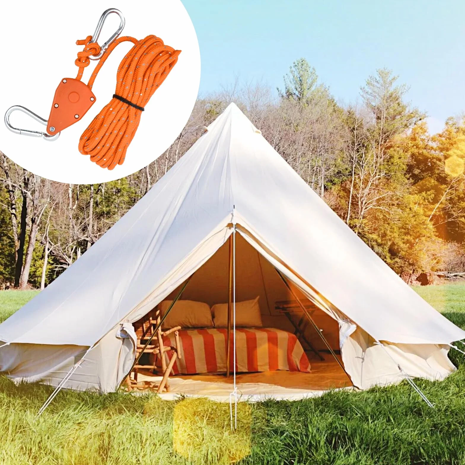 4 PCS Corde de Tente Réfléchissante, 6mm Cordon de Camping avec Poulie, Corde à Cliquet avec Crochet, Corde Nylon Escalade 5M, Tendeur de Corde a Linge Exterieur pour Randonnée, Auvent