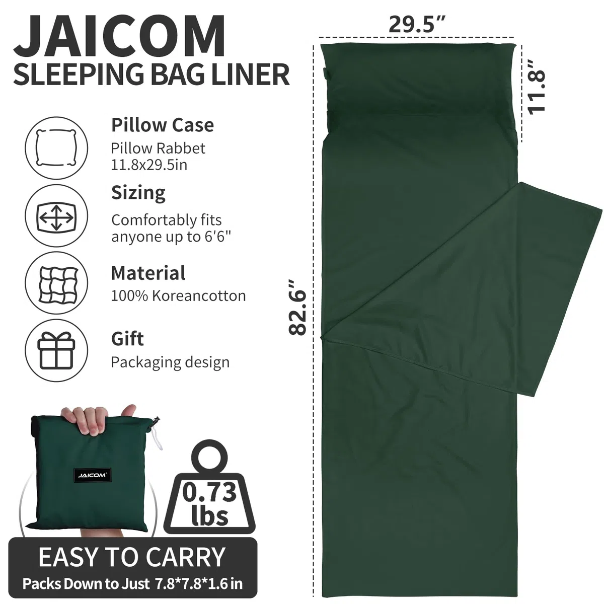 JAICOM Sac de Couchage - Drap de Sac de Couchage de Voyage Ultraléger (330 g), Compact & Portable & Confortable - Convient pour l'extérieur, l'hôtel et l'auberge, Les Voyages d'affaires et Le Train.