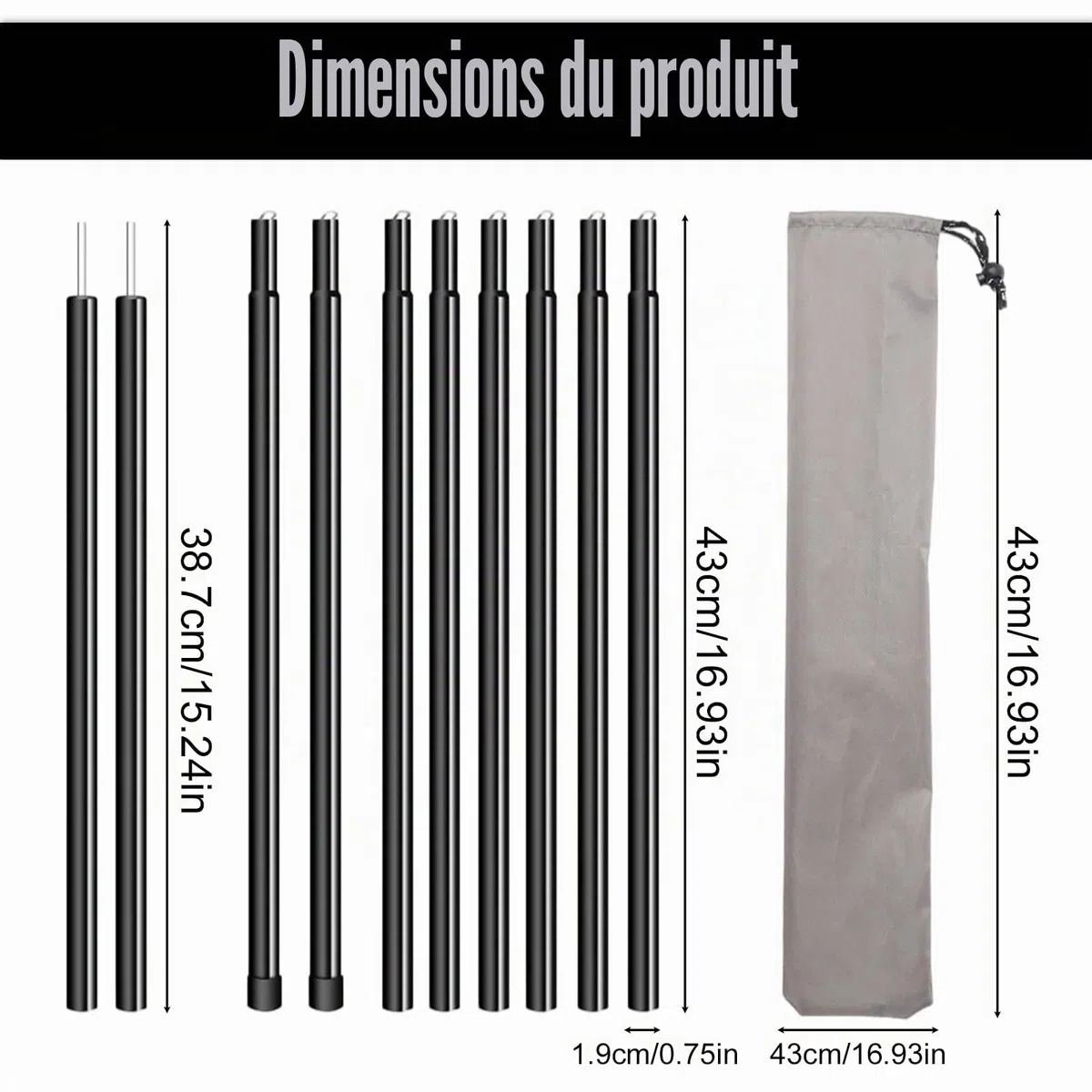 BORDEAG Lot de 2 barres de tente télescopiques - 2 m - Réglables - 19 mm - Noir - Pour tente, auvent, voile d'ombrage (43-200 cm)