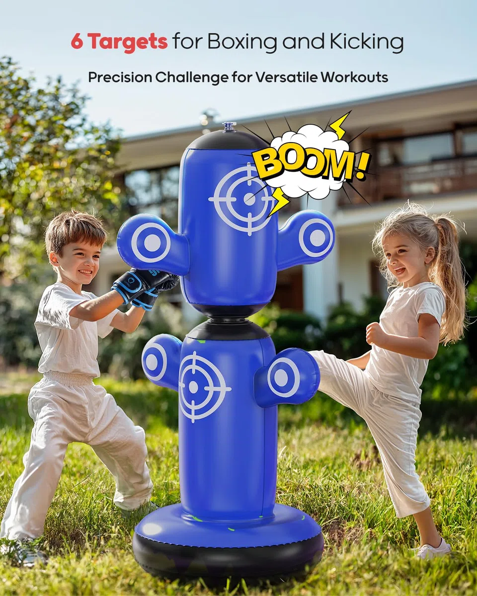QPAU Sac de frappe rotatif à 360° pour enfants, grand sac de boxe de 162,6 cm avec gants, pompe à main et 6 cibles, sac de frappe gonflable, cadeau de karaté pour garçons et filles (bleu)