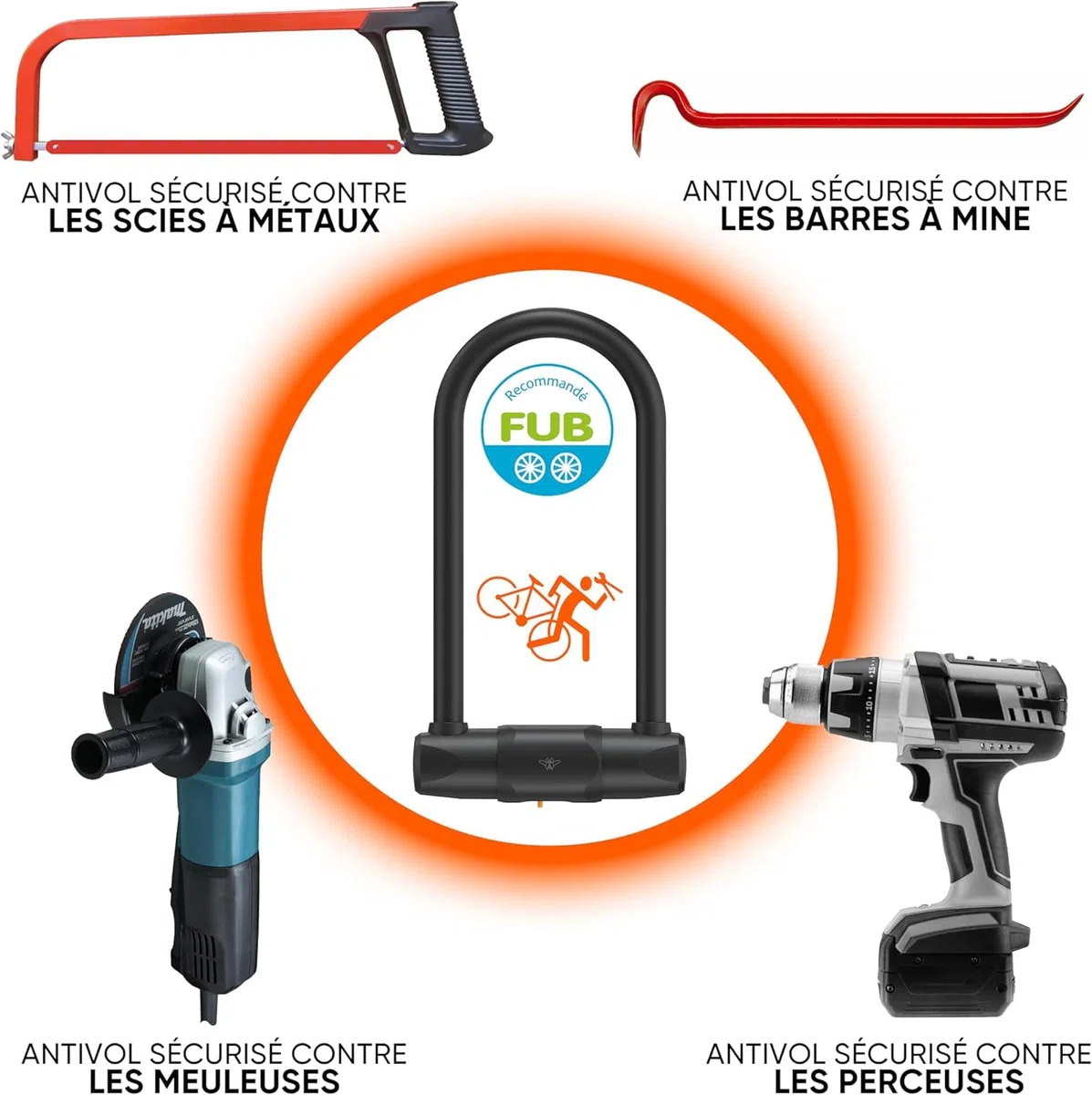 CASR Antivol U XL - Cadenas à Clé Certifié FUB 2 Roues - Acier Trempé Robuste Anti-Corrosion - Universel Vélo, Moto, Trottinette électrique - Protection Haute Sécurité