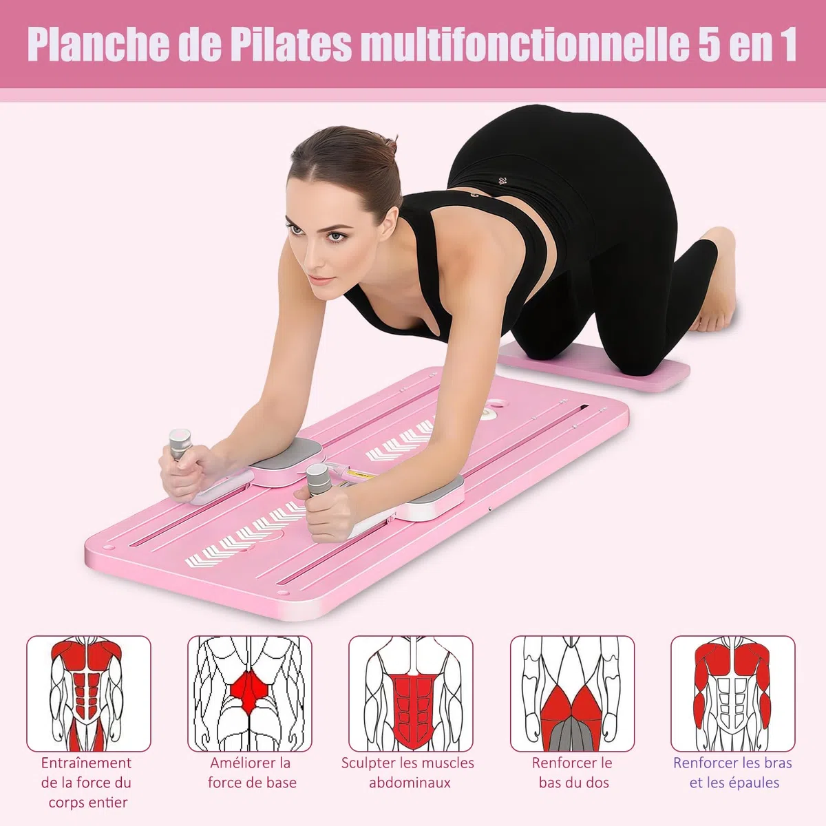 Pilates Board, 5 en 1 Pilates Reformer avec Roue Abdominale à Rebondissement Automatique et Minuterie, AB Roller Machine Pliable Multifonctionnel pour la Maison et la Salle de Sport