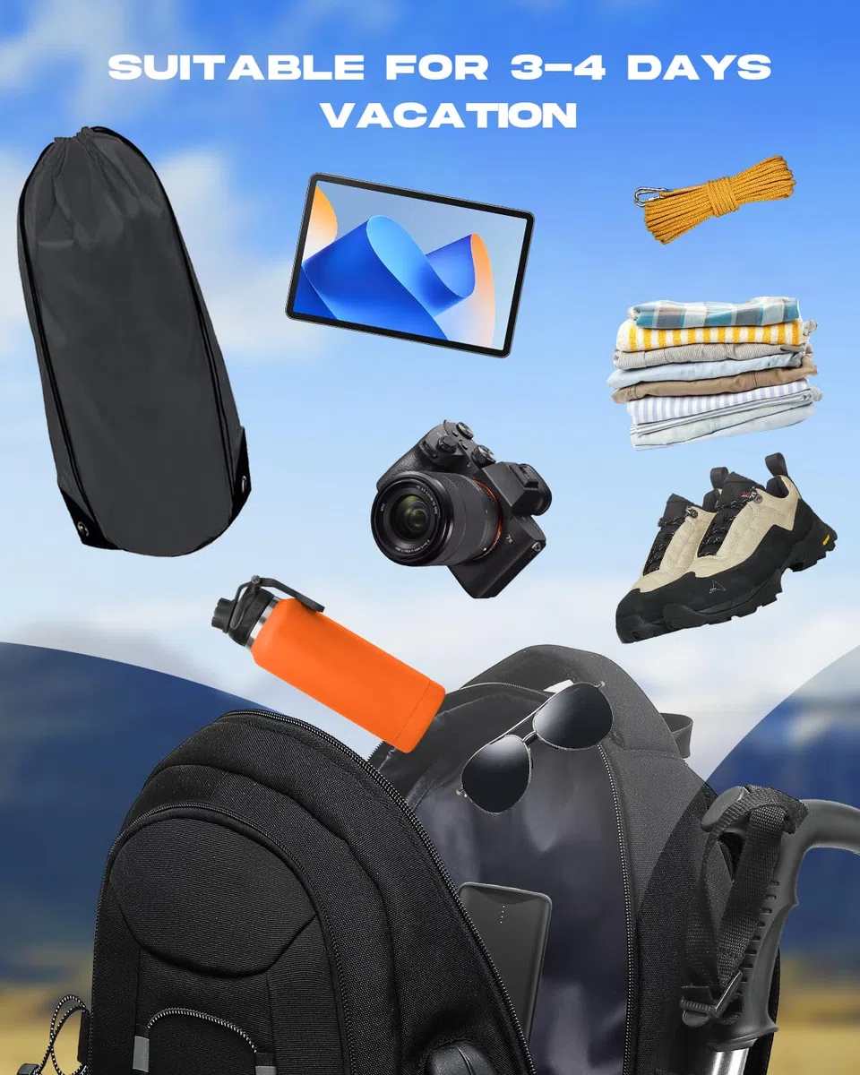 Sac à Dos Voyage, 45L Randonnée Imperméable Grande Capacité Sac à Dos Ordinateur Portable 17.3 Pouces Trekking Homme Femme pour Le Sports en Plein Air Camping -Noir