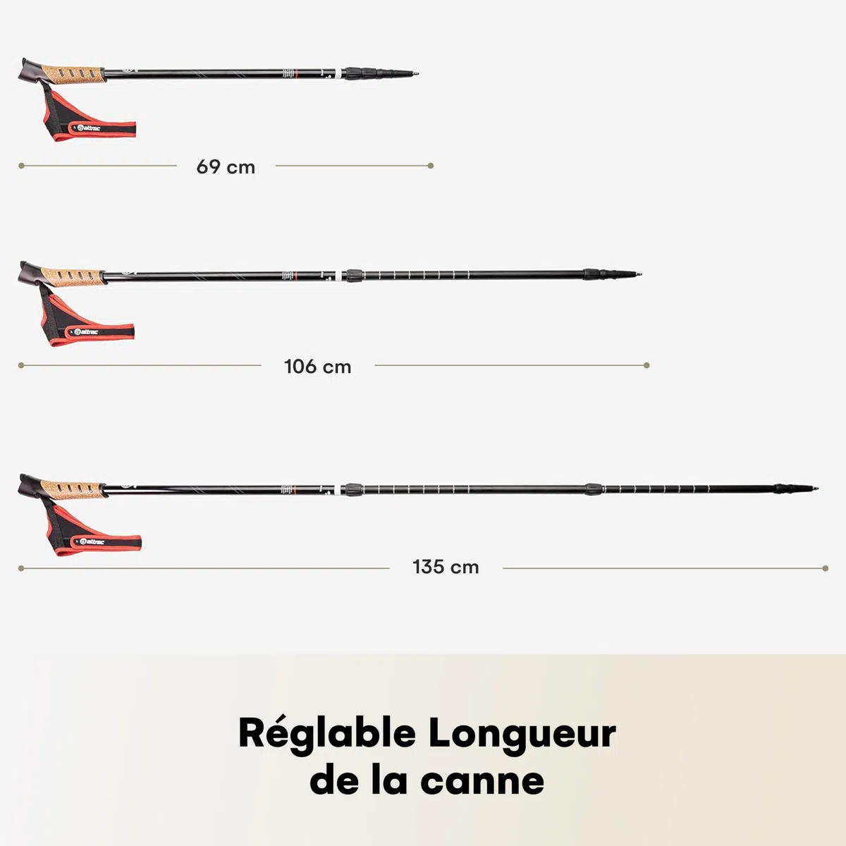 ATTRAC Baton de marche nordique - Classic avec système télescopique, antichoc et amortisseur, bâtons de marche à ressort - Longueur réglable de 69 à 136 cm - Poignée en liège (Noir-Rouge)