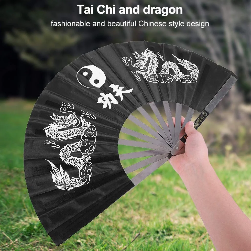 Éventail de Tai Chi, Éventail de Kung Fu Chinois, Éventail de Performance de Pratique de Danse, Kung Fu en Acier Inoxydable, Éventail Pliant de Poche en Nylon(Noir)