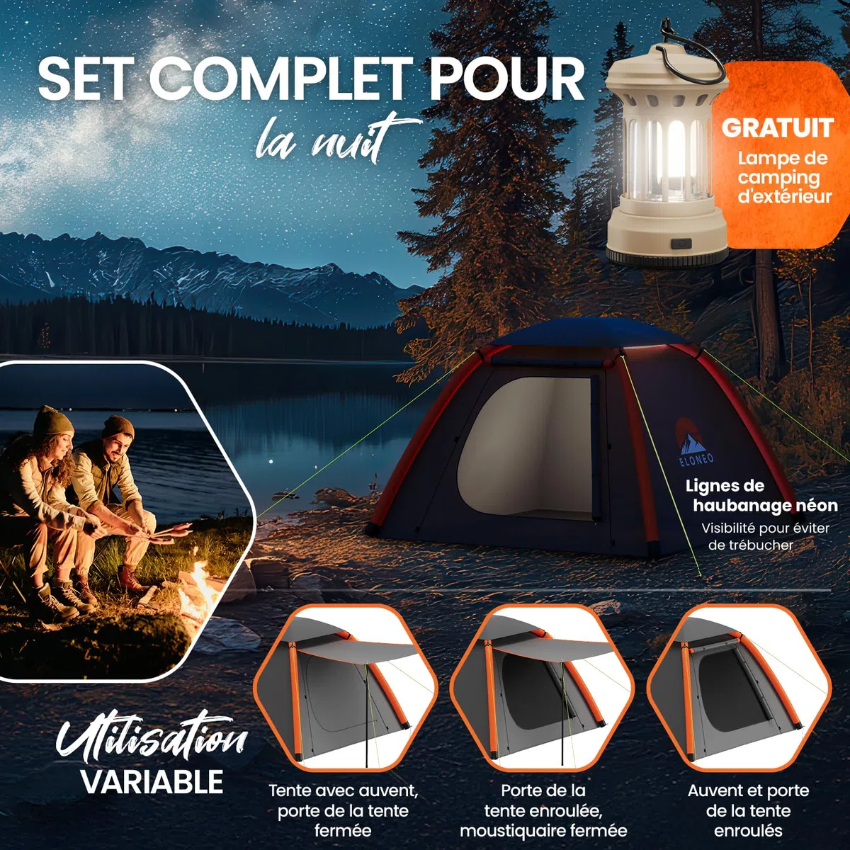 ELONEO Tente Gonflable avec auvent & Pompe à air, Tente à air Ultra-légère, Glamping avec lumière LED Offerte