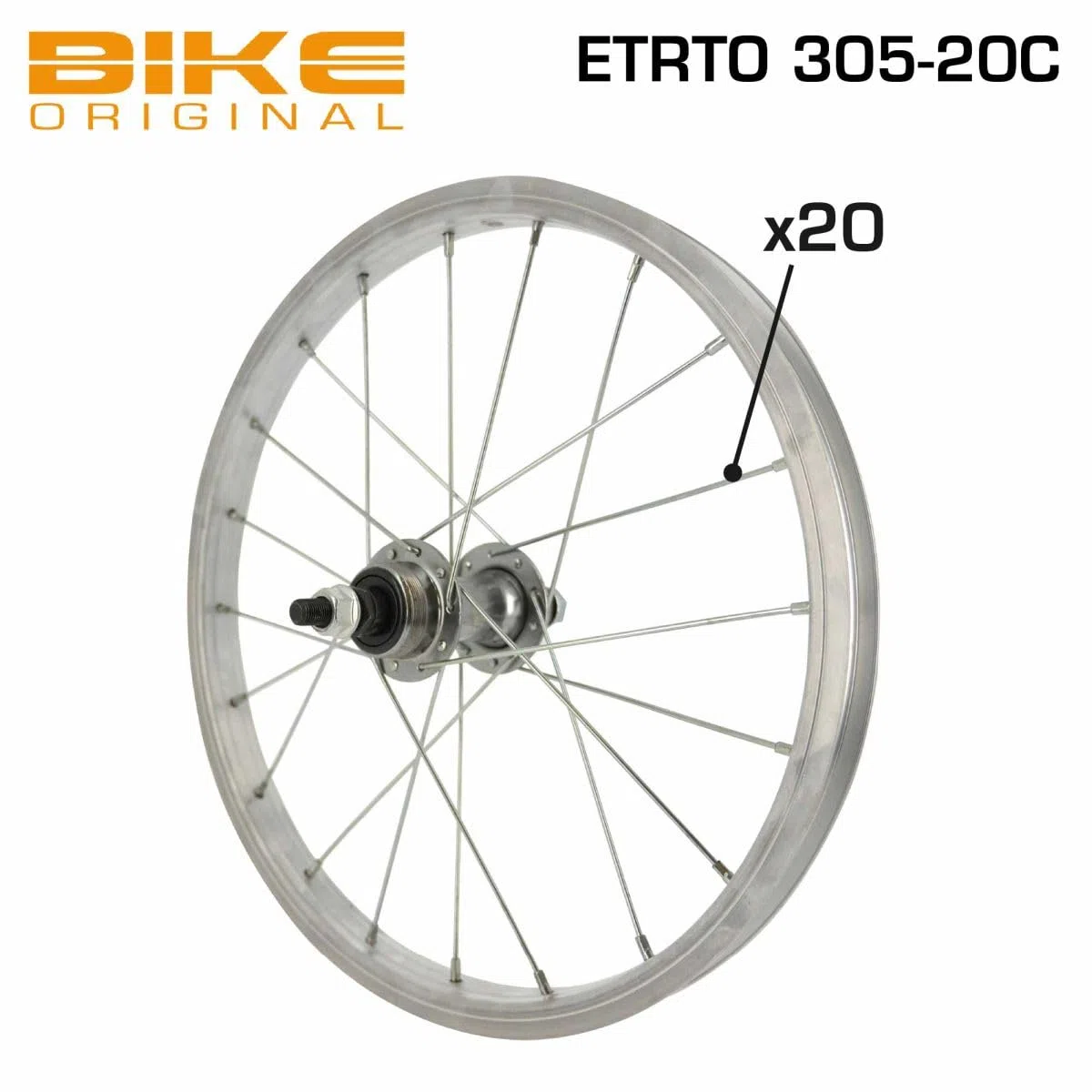BIKE ORIGINAL - Roue Arrière 16" - Jante Alu Simple Parois 20 Trous - Moyeu Alu à Écrous - Compatible Pneus 32-63 mm - Freinage sur Jante - ETRTO 305X20C - Couleur Argent