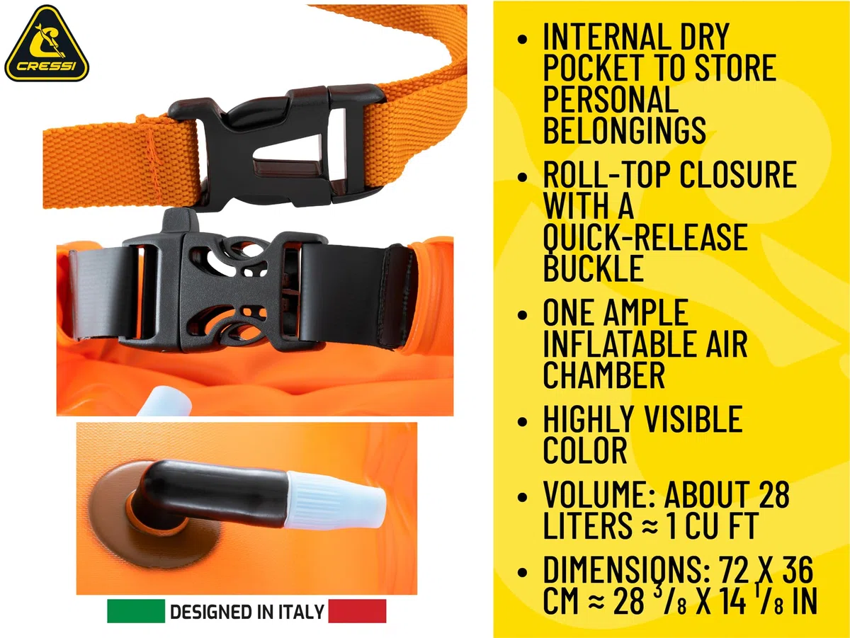 CRESSI Glide Swim Buoy 28L Orange – Bouée Orange de Signalisation, Gonflable, Pratique et Compacte pour Une Visibilité Maximale des Nageurs, Plongeurs et Triathlètes en Mer ou en Eaux Libres