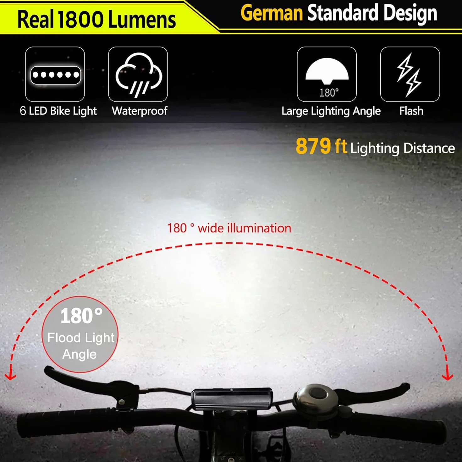 Lumiere Velo Avant, 1800 lumens Lampe Velo LED puissantes 5 Modes Lampe Vélo 4000mah Rechargeable USB Étanche IPX5 Lumière Avant Convient aux vélos VTT VTC
