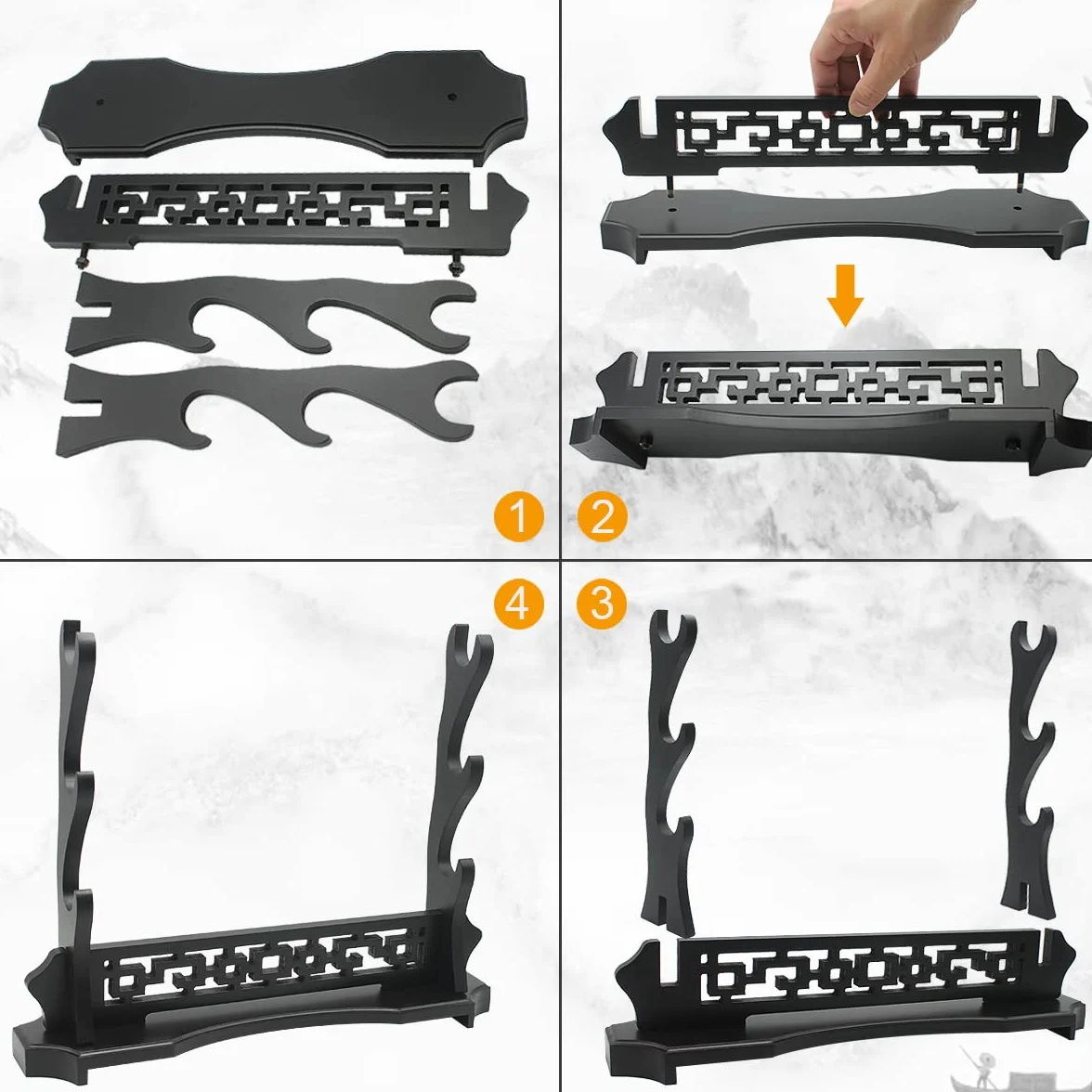 WANLIAN Support D'épée à Trois Niveaux, Support D'épée de Bureau Samurai Sword Katana Gladiator Base D'assemblage D'épée Pour l'affichage, Noir