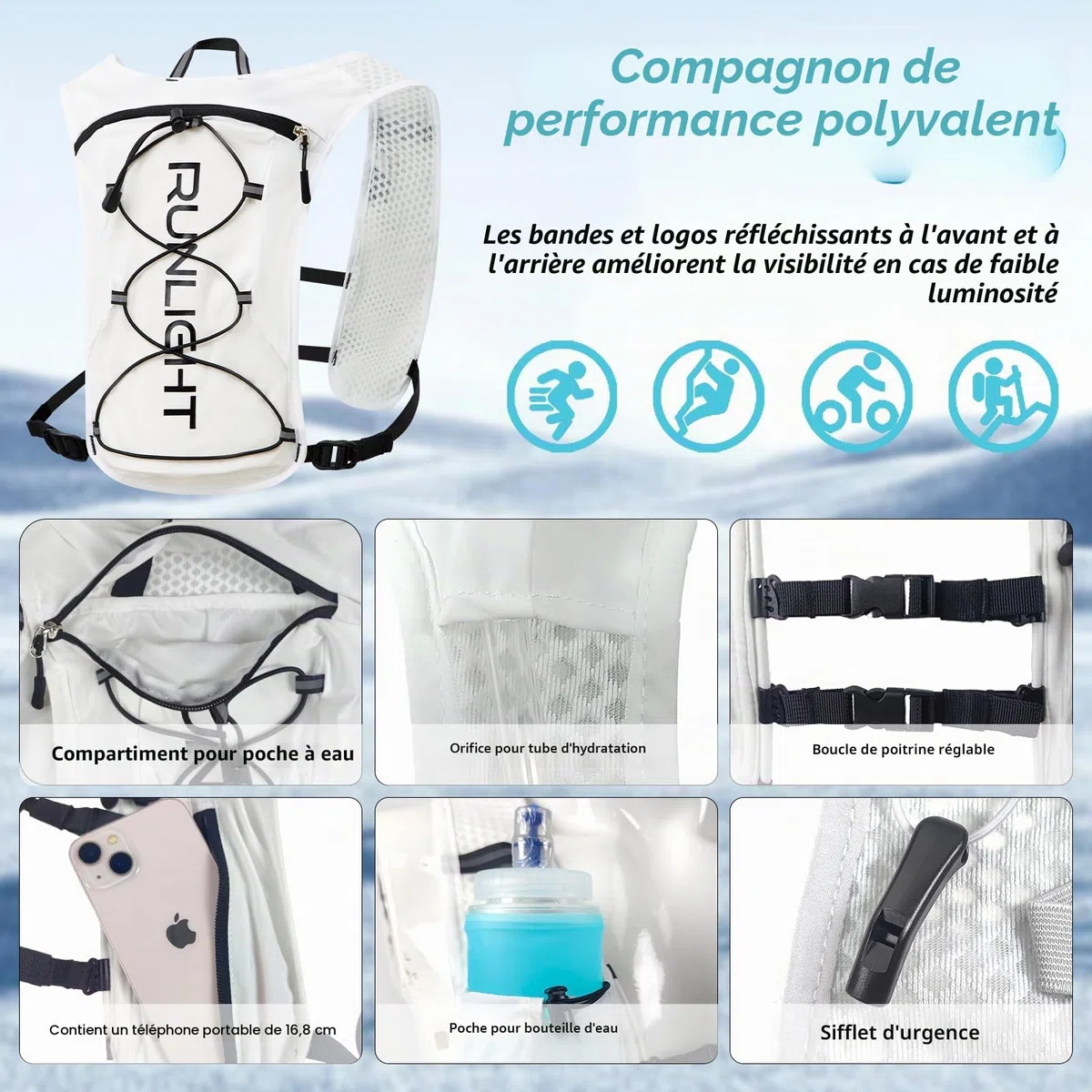 G220 Gilet de course pour homme et femme, sac à dos d'hydratation réglable, respirant et réfléchissant avec poche d'eau de 1,5 l pour randonnée, sentier, course à pied, marathon, cyclisme