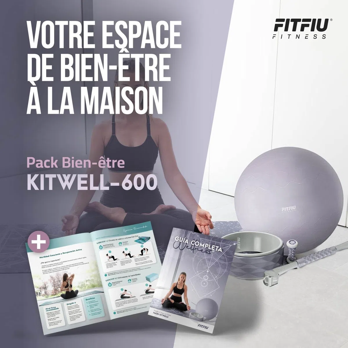 Fitfiu Fitness KITWELL- Accessoires Yoga Pilates avec Tapis, Bloc, Anneau et Sangle Inclut Guide d’Exercices Wellness