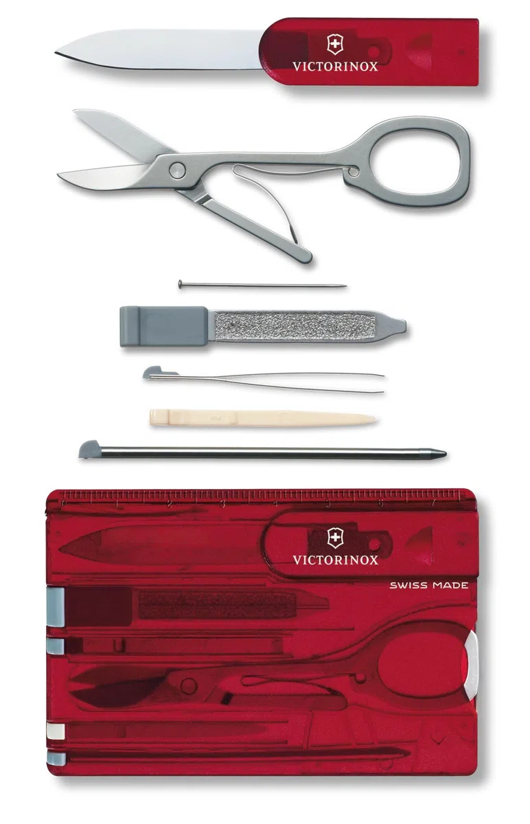 Victorinox Swiss Card, Carte multifonction, Taille de La Carte de Crédit, 10 Fonctions, Stylo, Ciseaux, Rouge Transparent