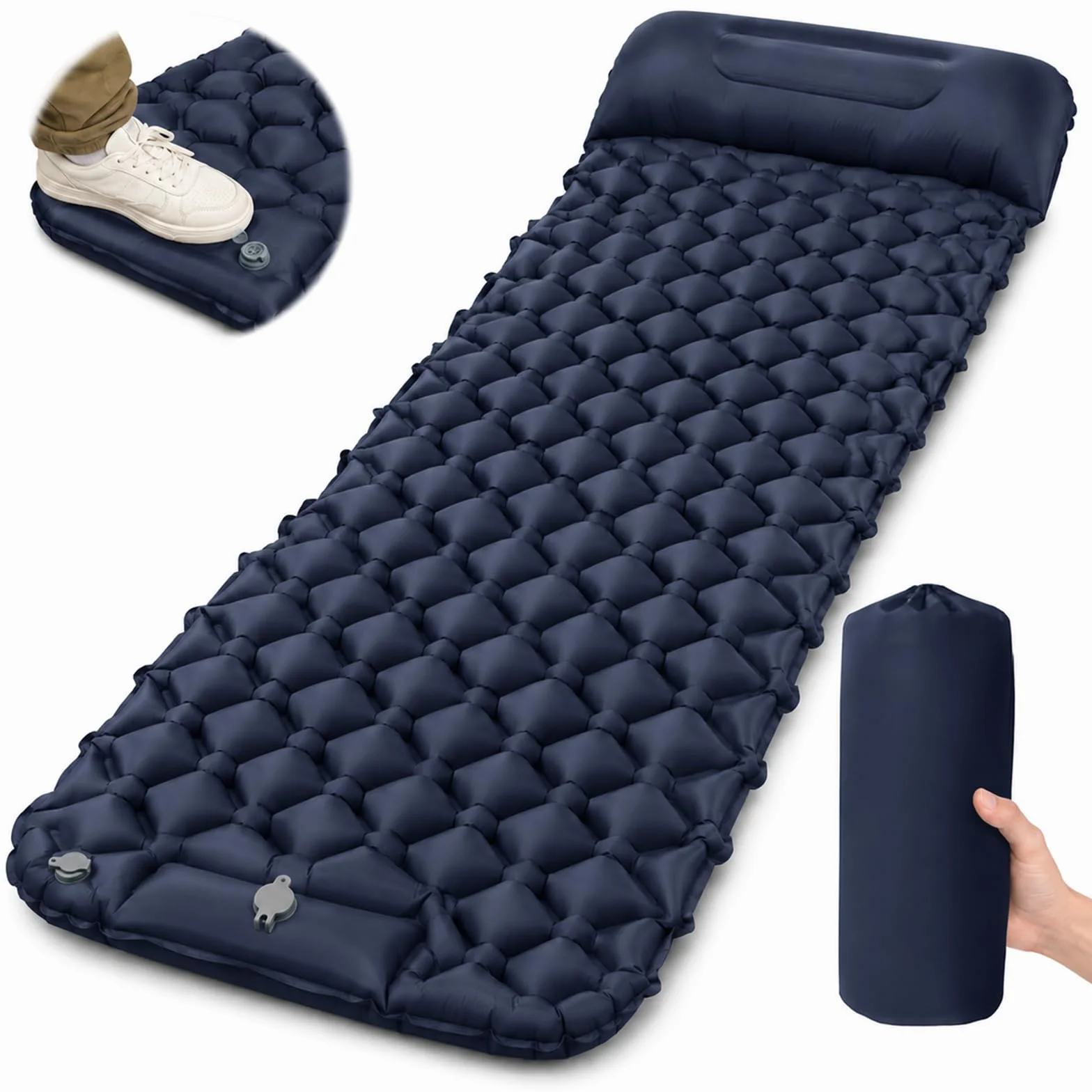 CIYIN Matelas Camping Autogonflant, Matelas Gonflable 1 Place, Matelas de Plage, avec Oreiller et Pompe à Pied intégrée, Ultra Léger, Portable, pour Tente Trekking Randonnée (Bleu Marine)