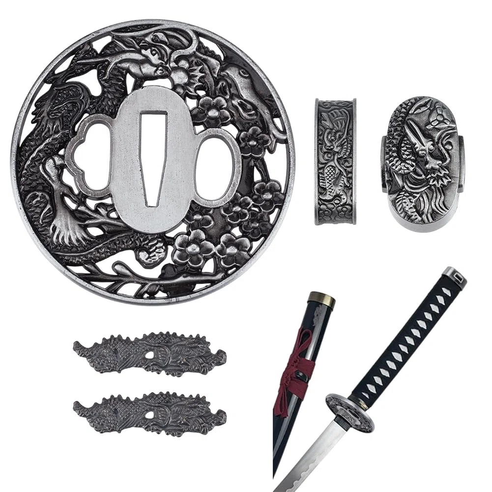 OLYCRAFT Ensemble de Tsubas pour Sabres de Samouraï Protège Mains pour Sabres Japonais Accessoires de Restauration Cosplay Entraînement Argent Antique