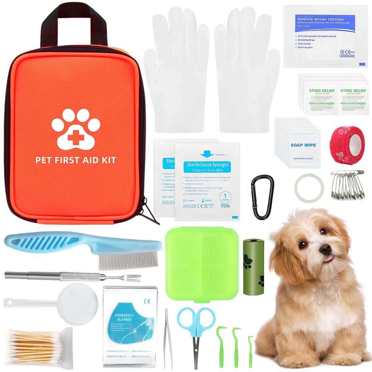 Trousse de Premiers Secours pour Chiens et Chats 102 Pièces Kit de Premier Secours Animaux avec Pince à Tiques Trousse à Pharmacie Chien pour les Urgences à la Maison et Voyages à l'Extérieur