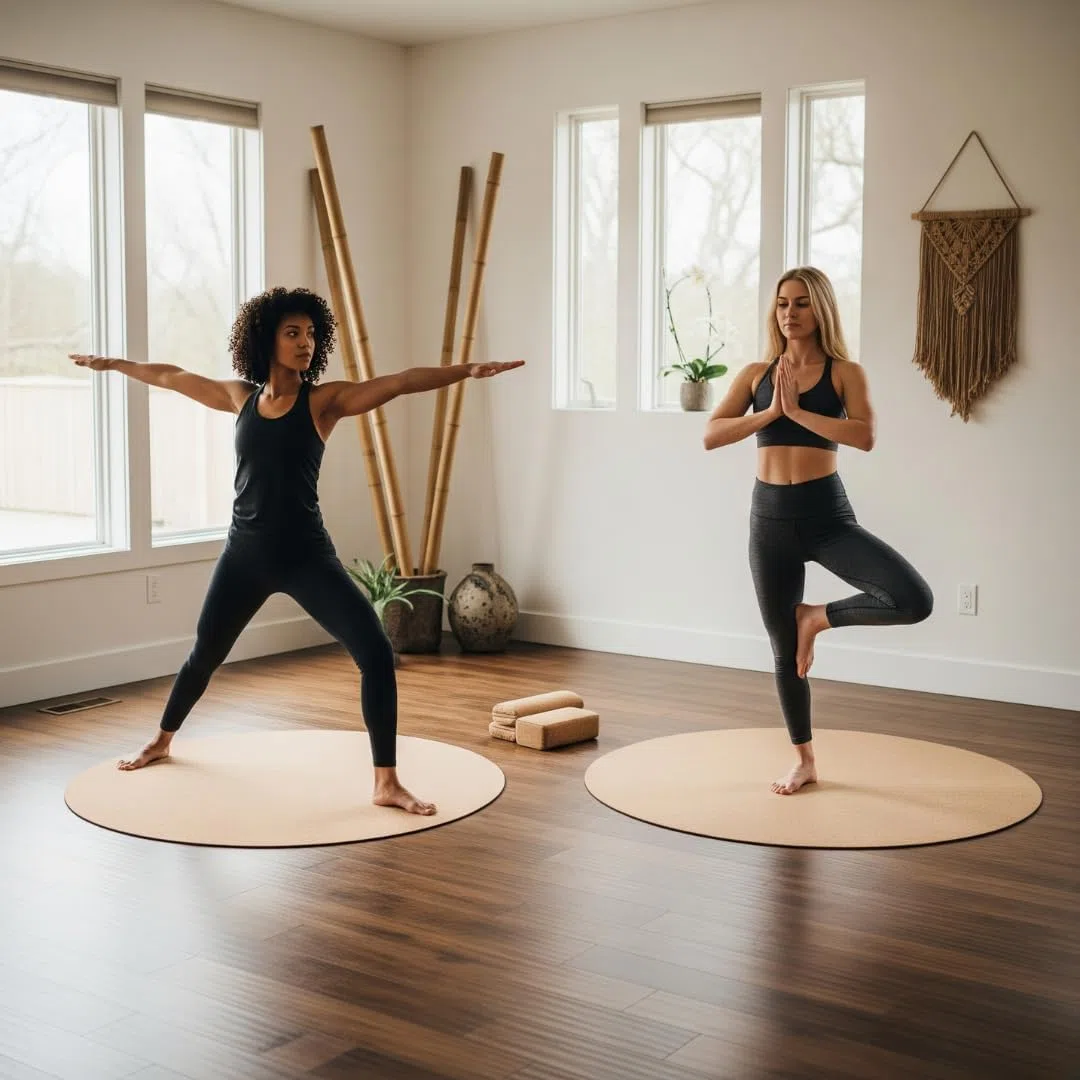 Tapis de yoga rond en liège naturel – 68 cm, 5 mm épaisseur – Antidérapant, écologique et confortable – Base en caoutchouc naturel – Motif gravé au laser – Idéal pour yoga, méditation, pilates