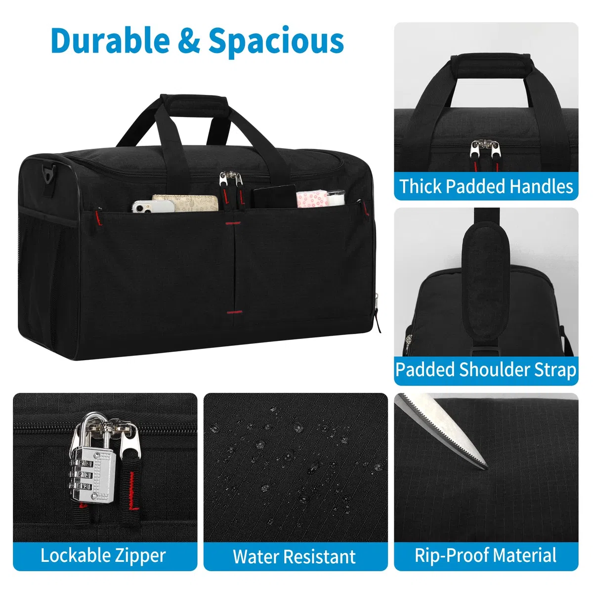 55L Grand Sac de Sport Homme - Sacs de Voyage avec Compartiments Chaussures et Humide, pour Weekend, Fitness, Gym - Noir