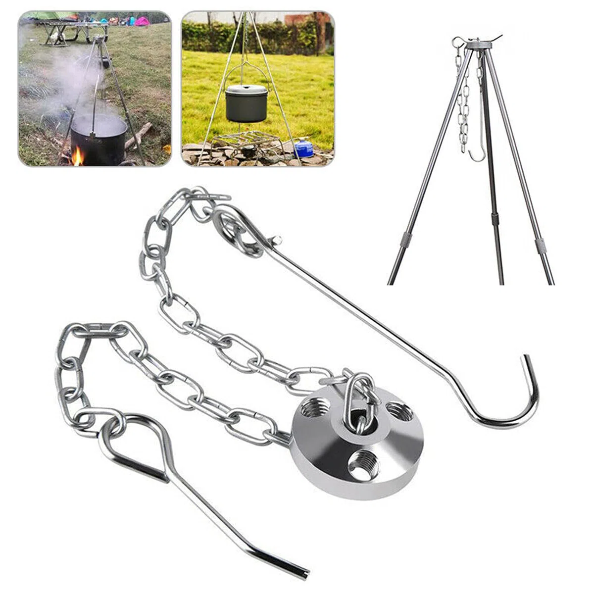 Trépied de barbecue Yearninglife, pour feu de camp et activités de plein air, avec chaîne et crochet, hauteur réglable, stable et résistant