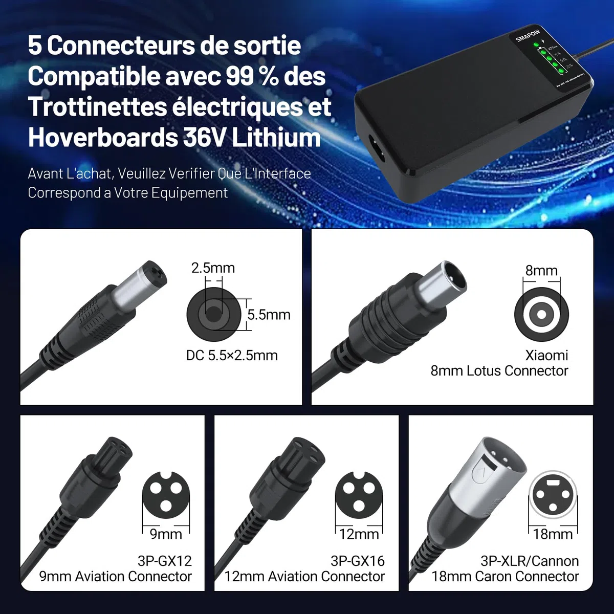 Chargeur Intelligent 42V pour Trottinette Électrique -2A, 5 Connecteurs | SMAPOW – Maximise capacité & cycles– Chargeur Compatible avec 99% des trottinettes 36V lithium : Xiaomi, Ninebot et plus