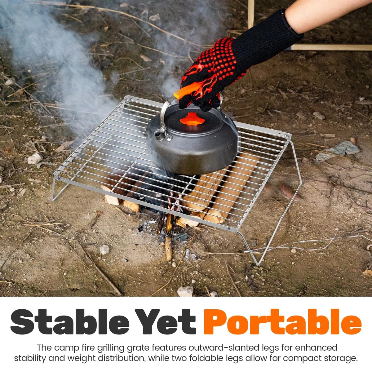 Grille pliable pour feu de camp en acier inoxydable avec hauteur réglable, équipement de cuisson portable pour feu de camp, 40 x 27 x 12,5 cm
