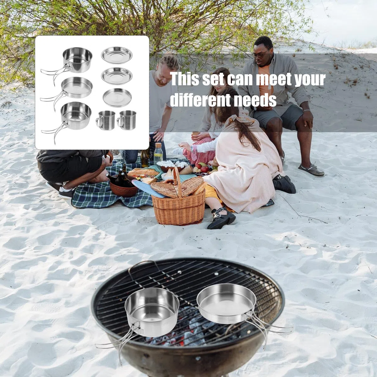 Set de Cuisine Camping INOX Portable Batterie de Cuisine Résistante Corrosion pour Pique- et Randonnée