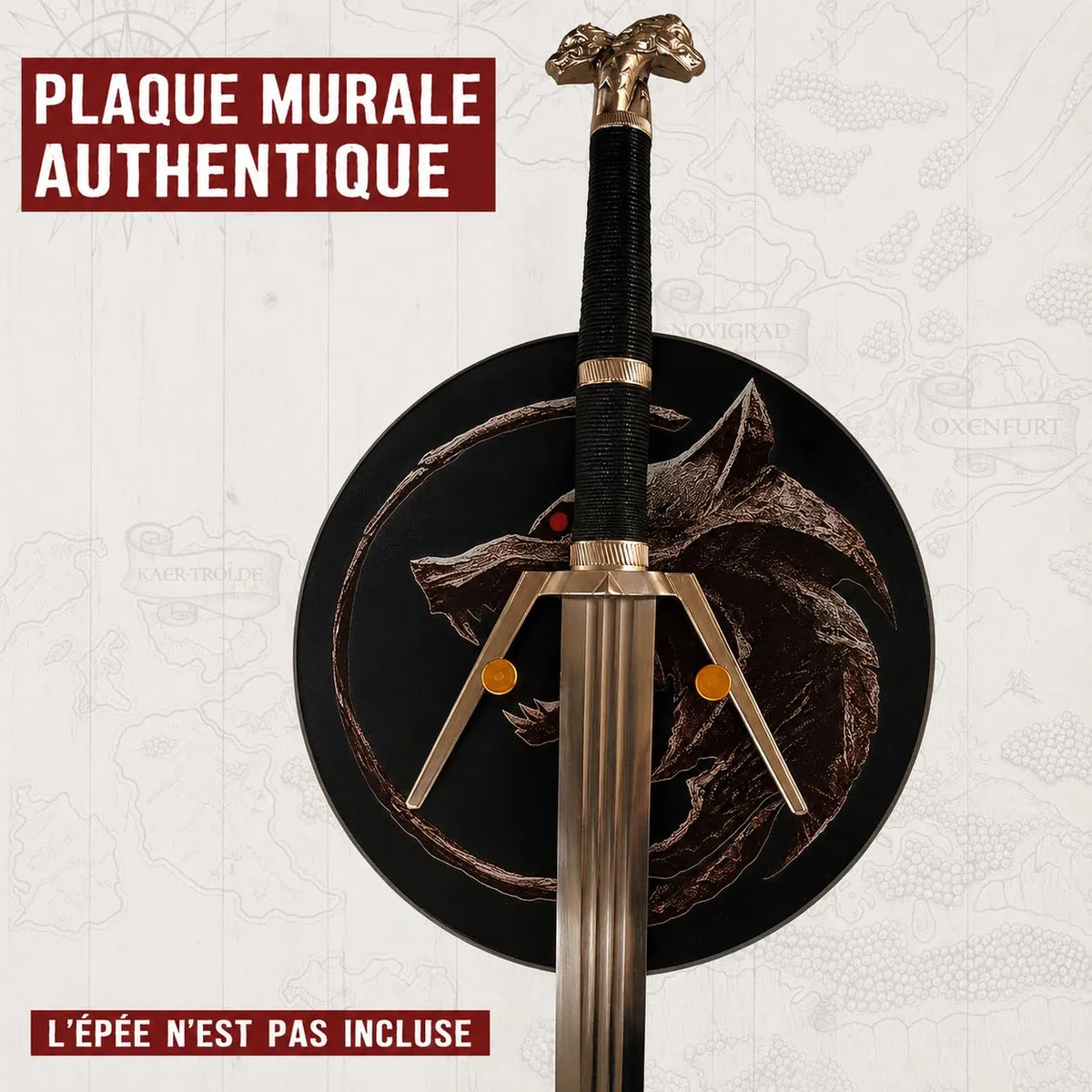 Witcher Présentoir mural rond en bois pour épée d'argent et épée en acier de Geralt von Riva, support mural décoratif pour collectionneurs, cosplay et fans des jeux et séries Witcher